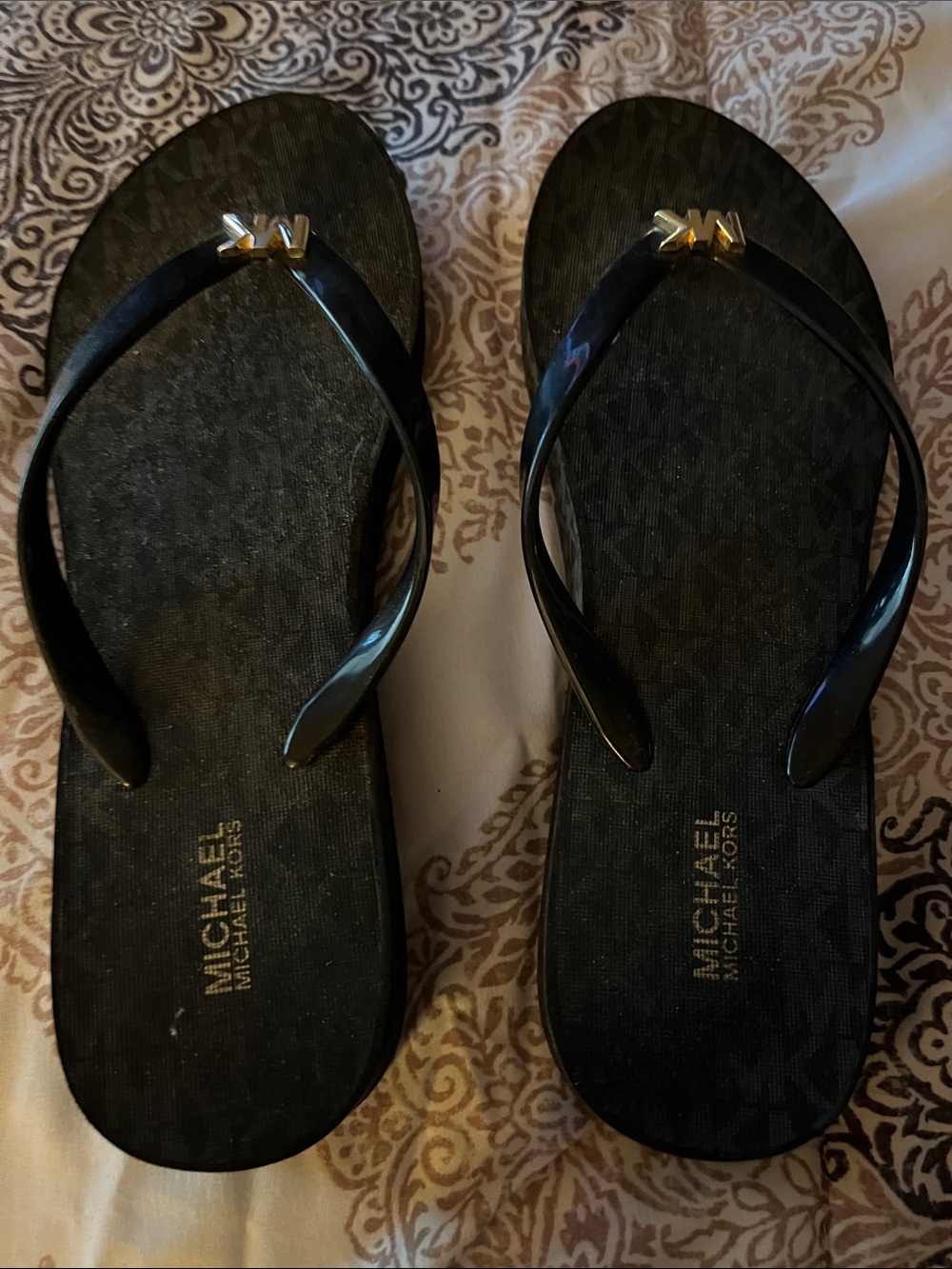 Michael Kors Black Gold-Accent Logo Flip Flop Sandals